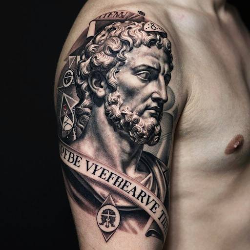 Photograph of a shirtless man's upper arm showcasing a detailed black and gray tattoo of a classical Roman statue with symbols and the text 