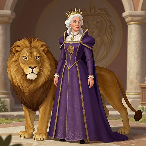 Digital illustration of a regal, white-haired woman in a purple, gold-embroidered gown and crown standing beside a majestic lion in an orn