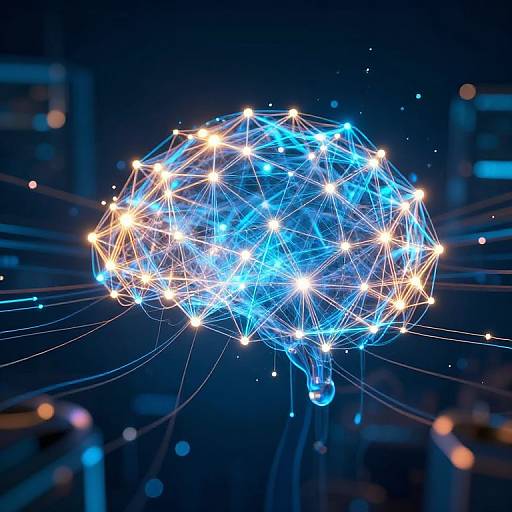 Digital art of a glowing blue and white network sphere with interconnected lights, floating against a dark, blurred cityscape background.