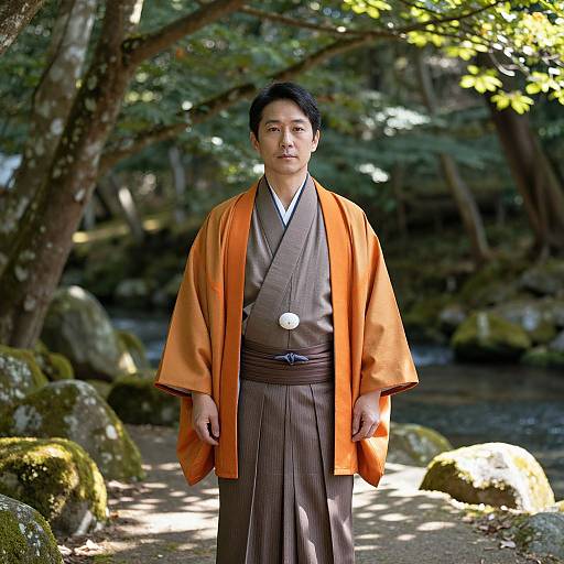 Photograph of an East Asian man in traditional Japanese attire, standing in a sunlit forest path with moss-covered rocks. He wears an orange kimono