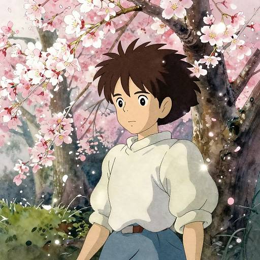 Anime-style digital drawing of a young boy with dark brown spiky hair, white shirt, blue pants, standing under blooming pink cherry blossoms.