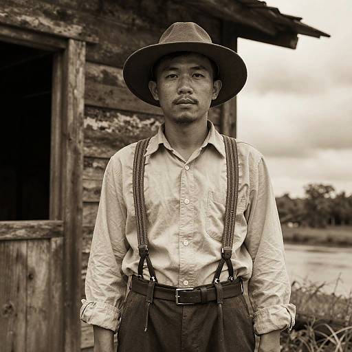 Sepia Portrait of Asian Man Outdoors