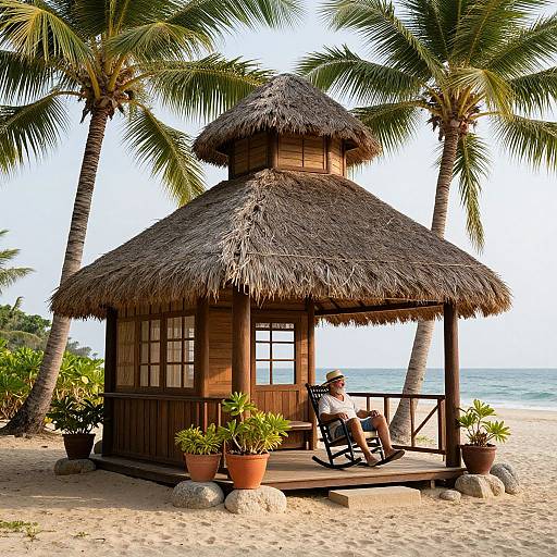 Photograph of a rustic, thatched-roof beach hut with a wooden structure, surrounded by palm trees, potted plants, and a person relaxing