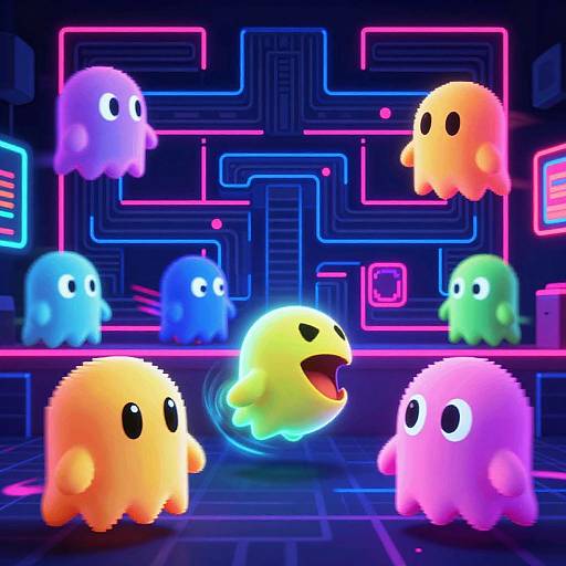 Digital CGI image of colorful, cartoonish ghost-like characters in a neon-lit, cyberpunk maze. Vibrant colors, glowing outlines, and futuristic