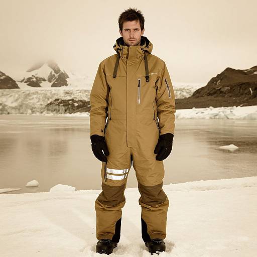Photograph of a bearded man in a tan, insulated winter suit with black gloves, standing on snow near a frozen lake with icy mountains in the