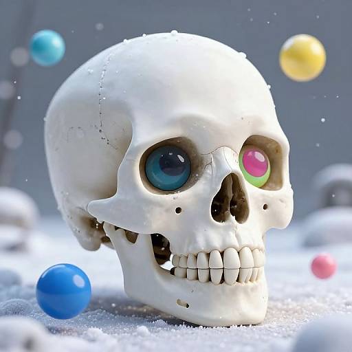 3D Skull with Colorful Eyes in Snow