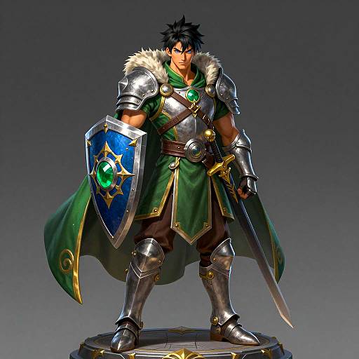 Fantasy Warrior in Silver Armor with Green Cloak