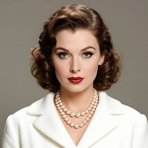 Photograph of a fair-skinned woman with vintage-style brown curly hair, red lipstick, pearl necklace, and white blazer, against a gray background