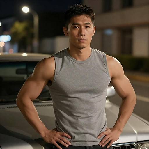 Muscular Man by Vintage Car at Night