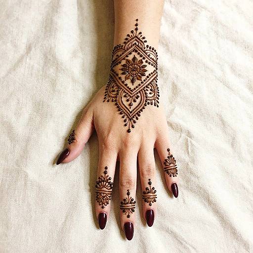 Henna-Adorned Hand on Cream Fabric