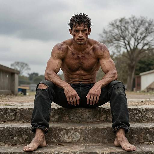 Photograph of a muscular, shirtless man with wet, dark hair, and bruised torso, sitting on concrete steps in torn black jeans, bare