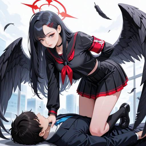 School Uniform Angel with Black Wings
