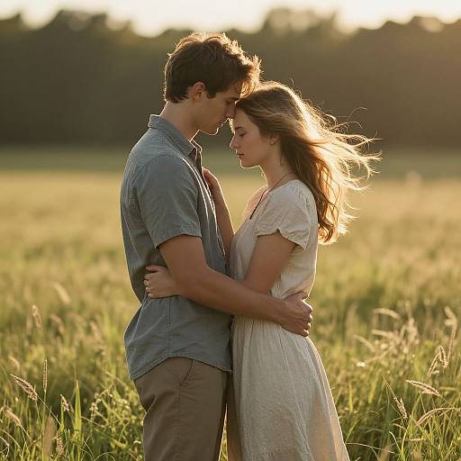 Photograph of a young couple standing in a sunlit field, gazing into each other's eyes, wearing casual summer clothes, with the woman's