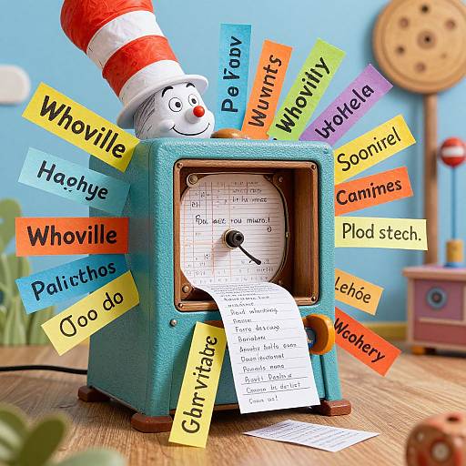 Photograph of a blue clock shaped like the Cat in the Hat's hat, with colorful word cards (Whoville, Poetic, Whims