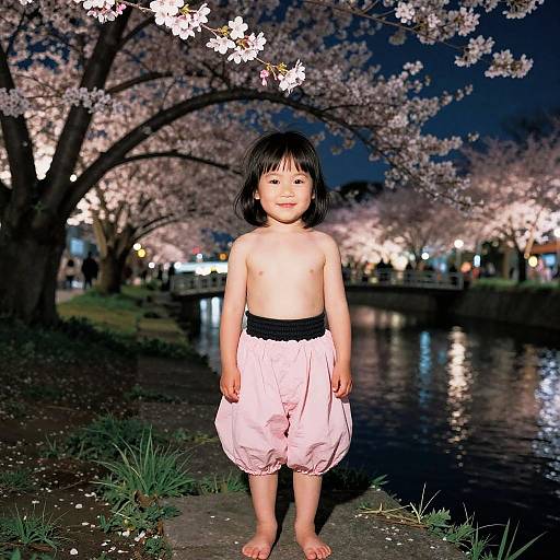 Young Girl in Cherry Blossom Park at Night