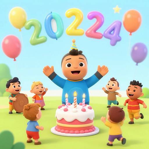 Cartoon image of happy Asian baby with blue shirt, birthday hat, and cake, surrounded by cheering diverse children, colorful balloons, and 