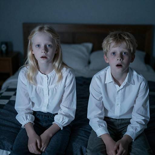 Surprised Children in Dim Blue Light