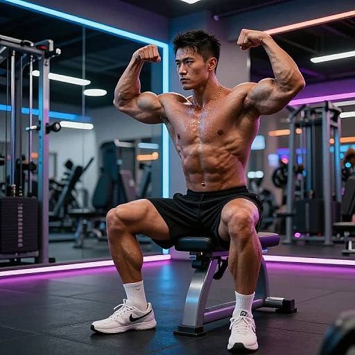 Photograph of a muscular, shirtless Asian man with short black hair, flexing biceps in a neon-lit gym, wearing black shorts,