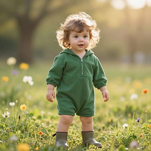 Photograph of a curly-haired toddler in a green hoodie and boots standing in a sunlit, flower-filled meadow, with a blurred tree and soft