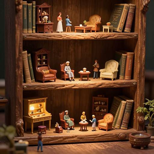 Photograph of a miniature wooden bookshelf scene with tiny figurines of Victorian-era people, furniture, and books, lit warmly from below.