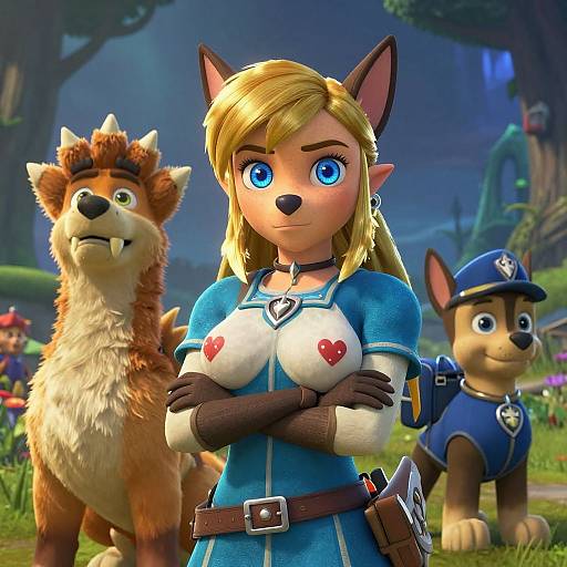 CGI image of a blonde, blue-eyed anthropomorphic fox girl with heart-shaped pasties, arms crossed, flanked by a furry wolf and a