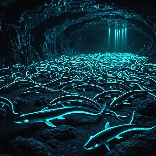 Bioluminescent Electric Eel Swarm in Underwater Cavern