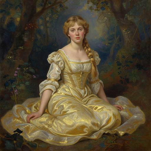 Classical painting of a fair-skinned woman with long blonde braid, wearing an ornate golden and white gown, seated in a forest.