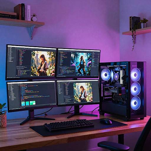 High-Tech AI Workstation with Multiple Monitors