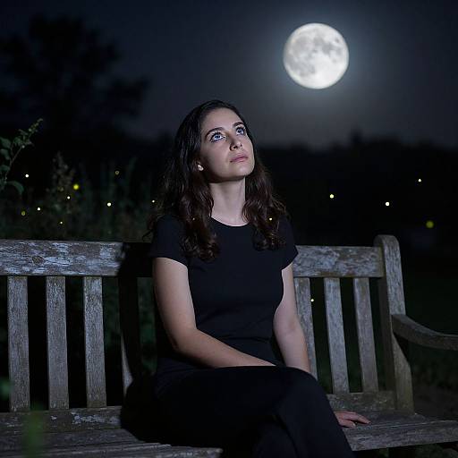 Photograph of a woman with long dark hair, wearing a black dress, sitting on a wooden bench, gazing at a full moon in a dark