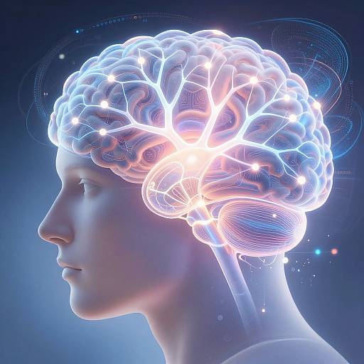 Digital CGI of a profile view of a white, featureless, smooth-skinned human head with glowing, illuminated brain circuitry against a dark blue background
