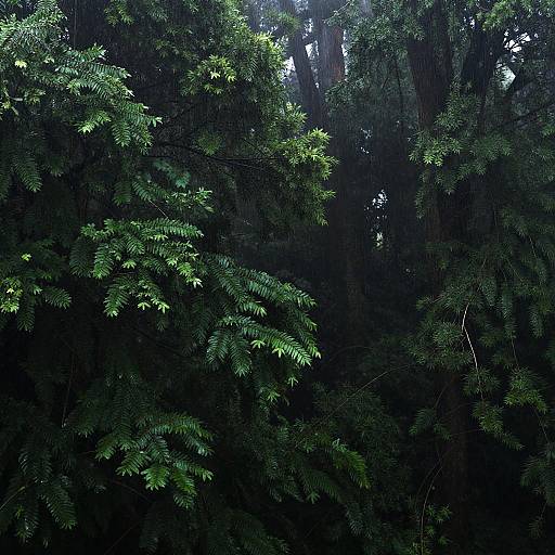 Photograph of dense, dark forest with vibrant green fern leaves illuminated by soft light filtering through tree canopy. Shadows create a mysterious, serene atmosphere.