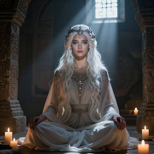 Photorealistic CGI of a white-haired, blue-eyed woman with a silver crown, sitting meditatively in a dimly lit, candlelit stone