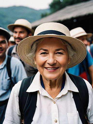 Smiling Elderly Woman in Tourist Hat