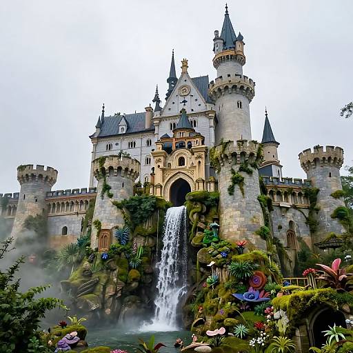 Photorealistic digital illustration of a grand, castle with blue spires, cascading waterfall, lush greenery, colorful flowers, and misty foreground