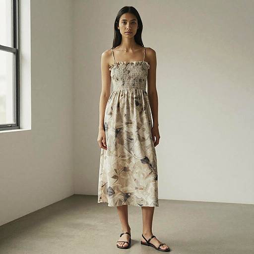 Photograph of a young woman with long black hair, wearing a floral-patterned, spaghetti-strap, knee-length dress and black sandals, standing in