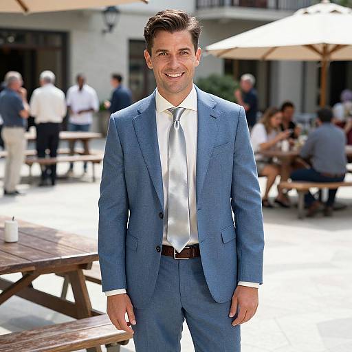 Photograph of a smiling man in a light blue suit, white shirt, and silver tie, standing outdoors at a sunny café with blurred background and people