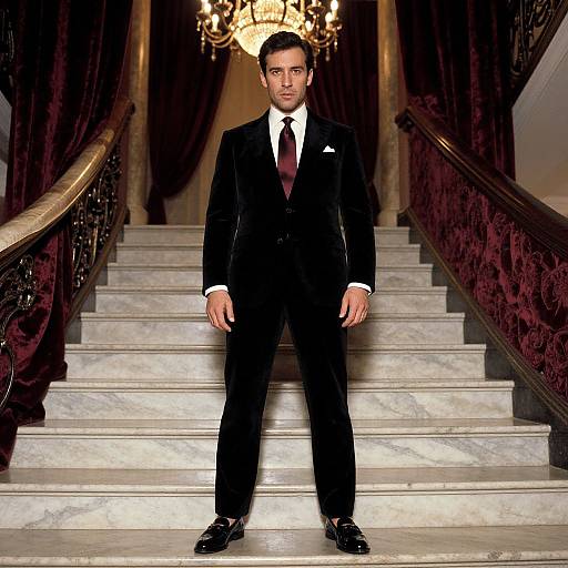 Photograph of a handsome man in a black tuxedo standing on marble stairs, framed by deep red curtains, under a chandelier.