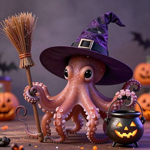 Cute CGI octopus in a witch hat holding a broom and a glowing pumpkin cauldron, surrounded by carved pumpkins and bats. Halloween