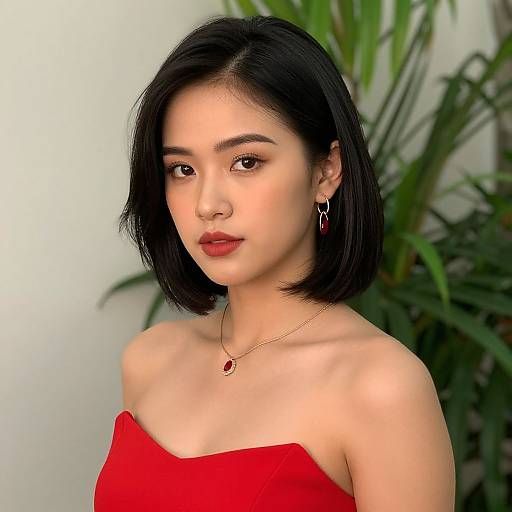 Photorealistic digital portrait of an Asian woman with short black hair, red strapless dress, gold necklace, earrings, and green plant background.