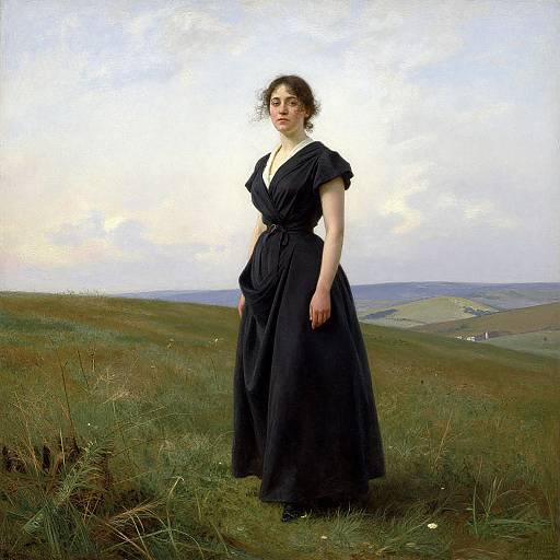 Photograph of a fair-skinned woman with curly brown hair, wearing a black, V-neck, Victorian-style dress, standing in a grassy,