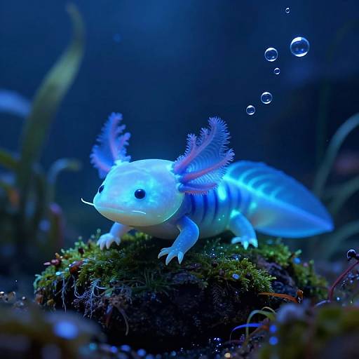 Photograph of a glowing blue dragonfish with bioluminescent fins and stripes, perched on a mossy rock in a dark underwater environment,