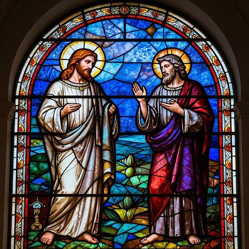 Photograph of a colorful stained glass window depicting two haloed, bearded men in robes, standing in a blue, nature-filled background, one gest