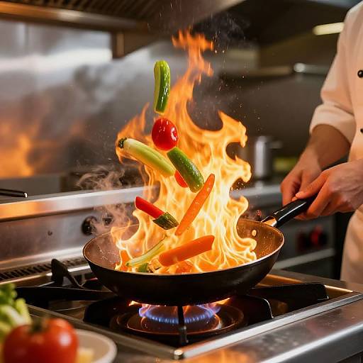 Chef Tossing Vegetables in Fiery Kitchen