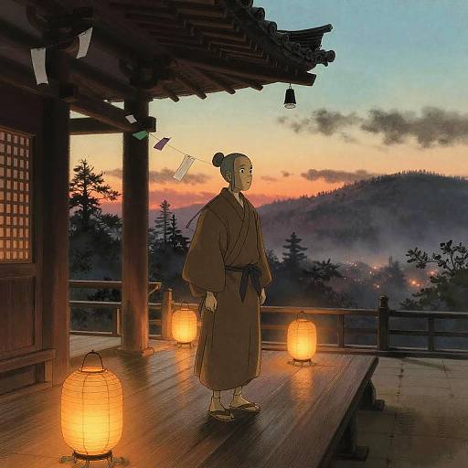 Old Monk on Mountain Temple Porch at Sunset