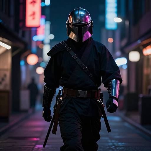 Photograph-style digital artwork of a Mandalorian figure in black armor and helmet, wielding dual blasters, walking down a neon-lit, futuristic city