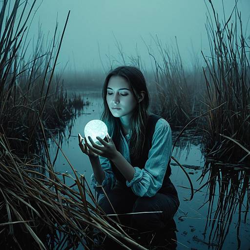 Woman Holding Glowing Bioluminescent Pearl in Foggy Marshland