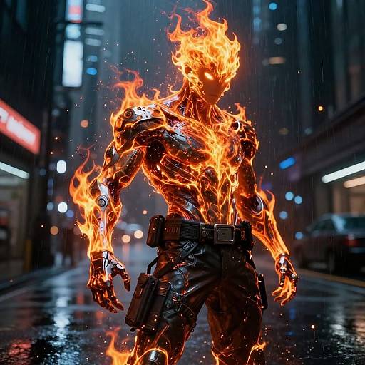 CGI image of a muscular, fire-encased superhero with glowing flames, dark pants, and a utility belt, standing in a rainy, neon