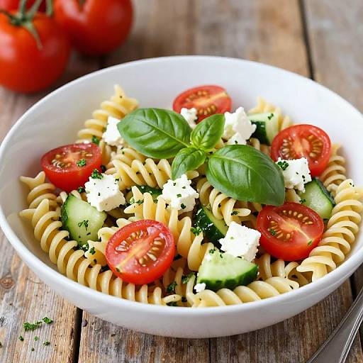 Photograph of a white bowl filled with rotini pasta, topped with cherry tomatoes, mozzarella, cucumber slices, basil leaves, and parsley, on
