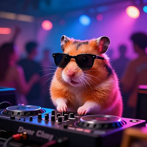 Digital art: Furry orange hamster with black sunglasses, standing on DJ controller, in vibrant blue and pink nightclub setting.