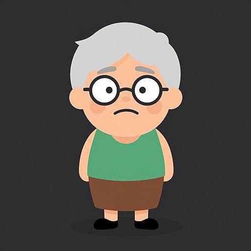 Cartoon elderly man with white hair, round glasses, green sleeveless shirt, brown skirt, black shoes, and sad expression against dark background.